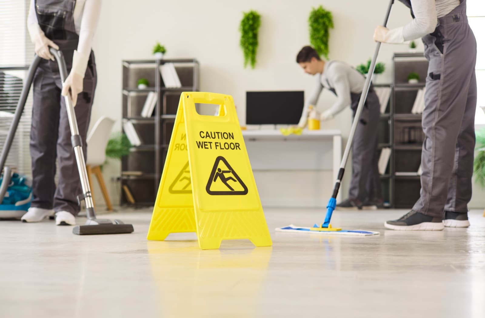 Uniformed janitorial crew vacuuming and mopping behind a wet floor caution sign