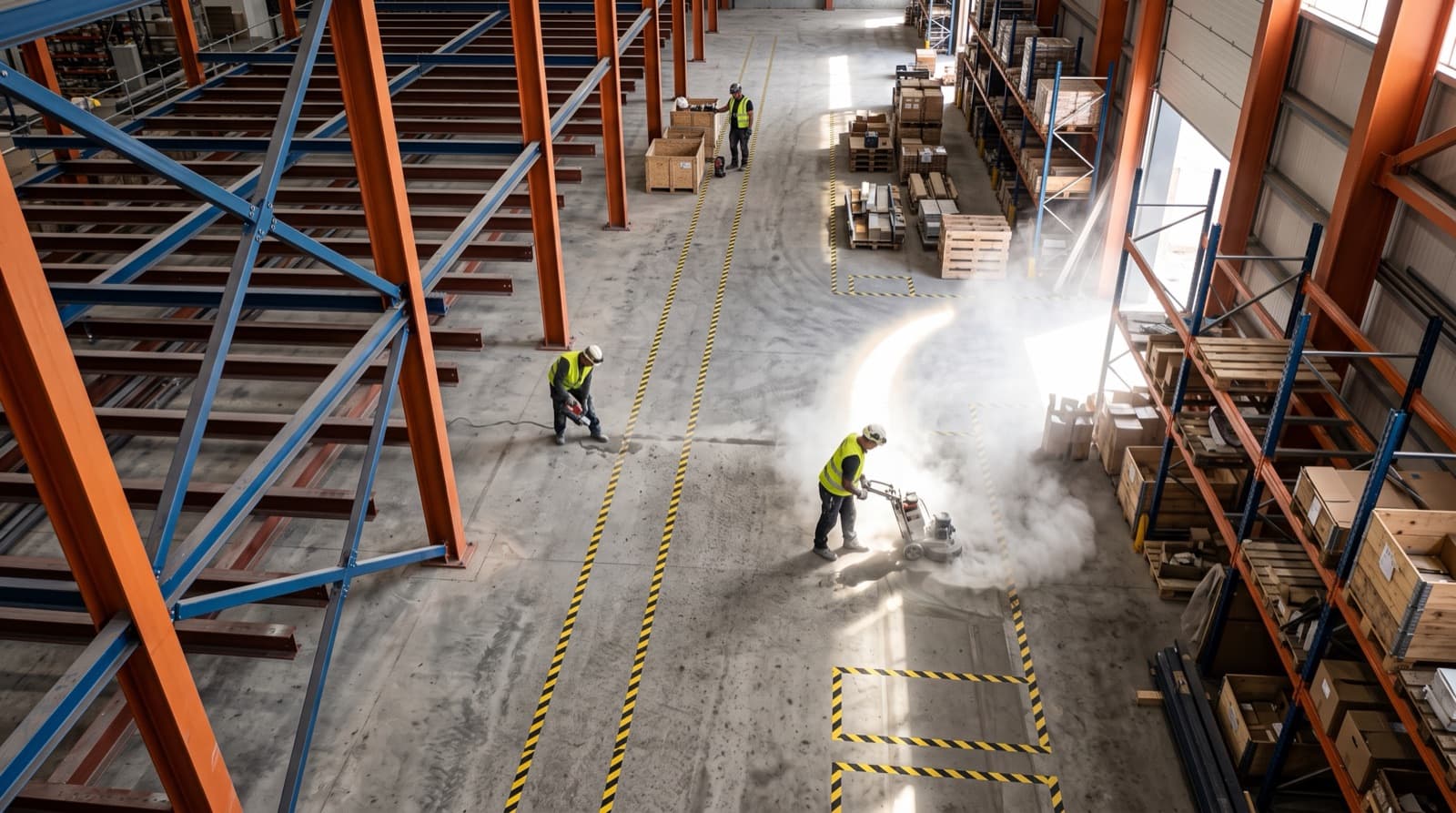 Wide warehouse floor with marked aisles, pallet racking and staging areas