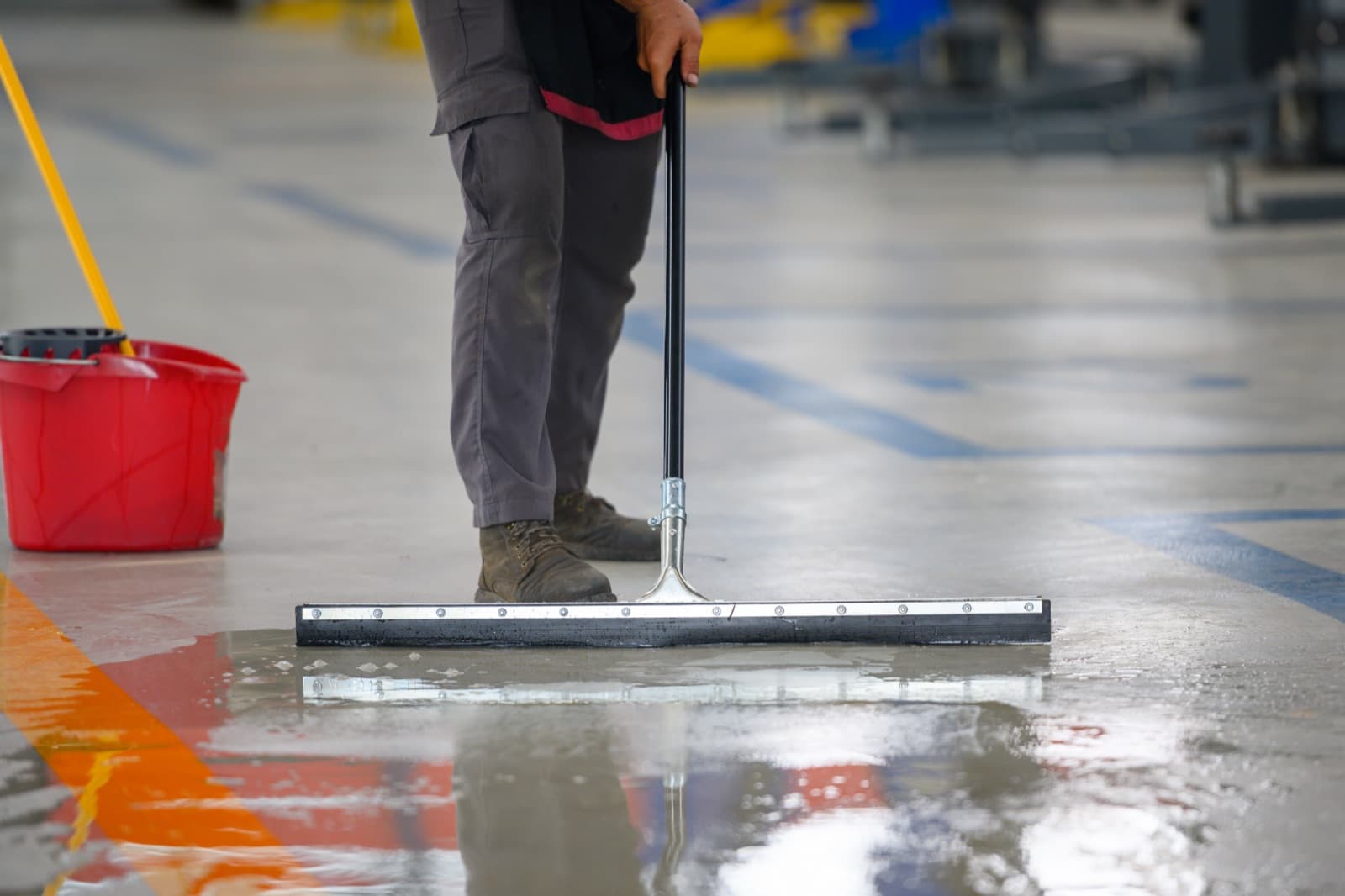 Worker clearing a plant floor with marked traffic lanes